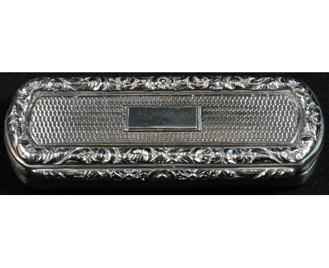 A George IV silver rounded rectangular snuff box, engine turned, hinged cover with applied foliate border and centred by a va