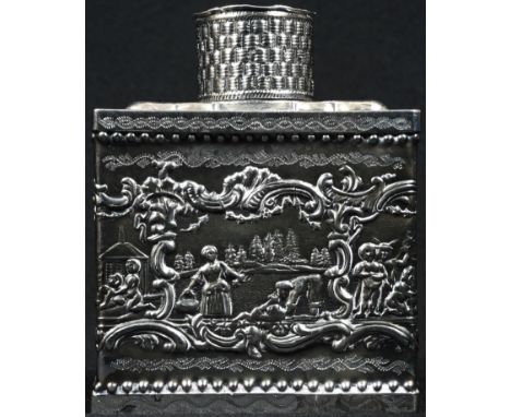 A Dutch Rococo Revival rectangular tea caddy and cover, chased with figural allegories of virtue and vice within C-scroll bor