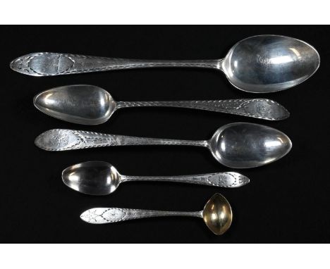 An Irish Provincial silver Bright-cut Celtic Point pattern table spoon, 23.5cm long, John Nicolson, Cork c.1790; a pair of de