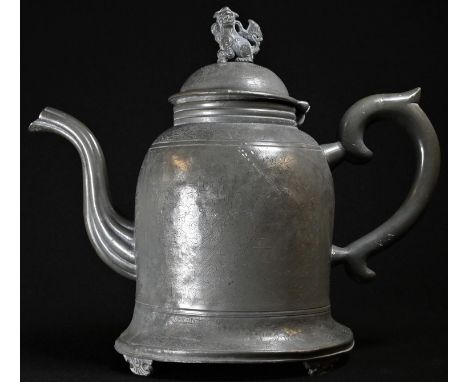 A Chinese paktong bell shaped punch pot, wrigglework engraved with Long Eliza and deer, hinged domed cover with temple lion f