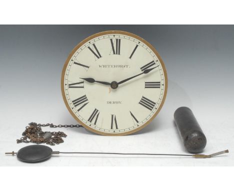 A 19th century hook and spike wall clock, the 25.5cm painted dial inscribed Whitehurst, Derby, thirty-hour weight-driven move