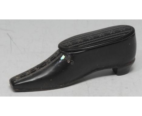 A 19th century novelty papier-mâché snuff box, as a lady's shoe, cut card work borders, hinged cover, 10cm long, c. 1860 