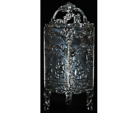 A Dutch silver novelty miniature toy model, of a corner cabinet, in the 18th century taste, shaped cresting above a pair of d