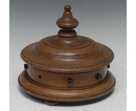 A Victorian turned mahogany seamstress's table top  sewing thread box, knop finial, enclosing eight cotton reel spools, bun f