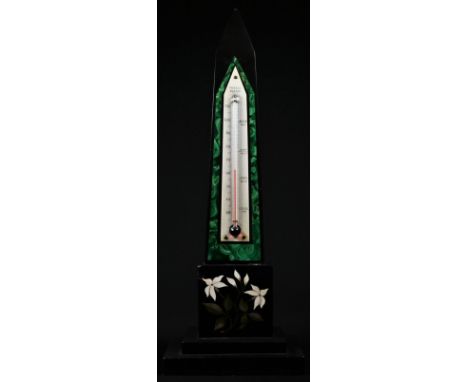 A 19th century Derbyshire Ashford marble obelisk mantel thermometer, inlaid with malachite bands and in specimen stones with 