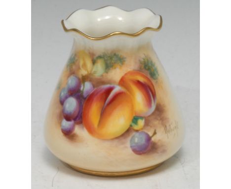 A Royal Worcester ovoid vase, pie crust rim, painted by Roberts, signed, with peaches and sloes on a mossy ground, 8.5cm high