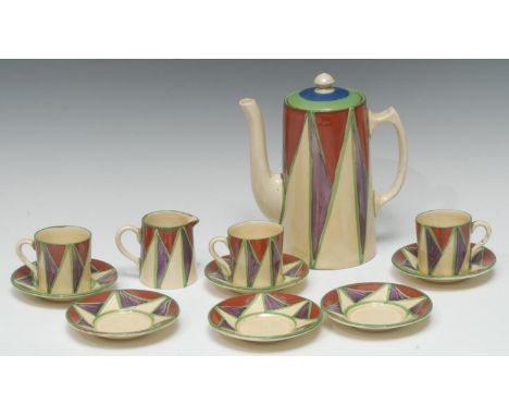 A Clarice Cliff Bizarre geometrical part coffee set, comprising coffee pot, cream jug, three coffee cans and six saucers, col
