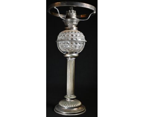 A late Victorian E.P.N.S table oil lamp, adjustable burner, The Wizard, hobnail-cut clear glass reservoir, fluted pillar and 