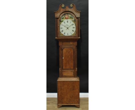 A George III oak and mahogany longcase clock, 33cm arched painted dial inscribed Hill, Cromford, Roman and subsidiary Arabic 