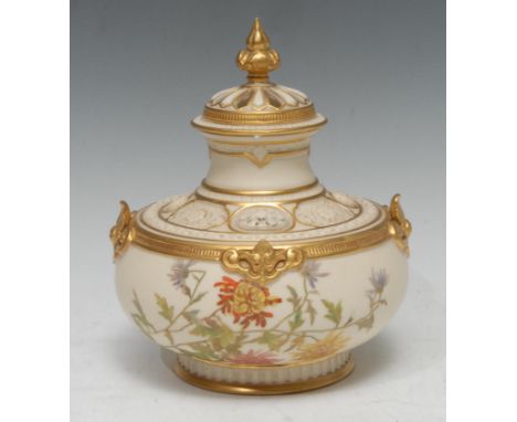 A Royal Worcester reticulated pot pourri vase and cover, decorated with floral sprigs, on a blush ivory ground, pierced neck,