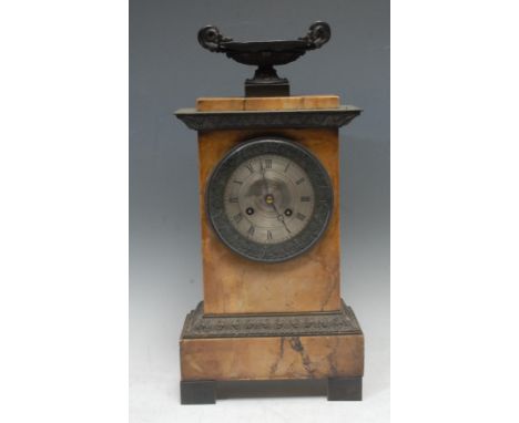 A French Empire marble mantel clock, 10cm circular silvered dial  8-day movement striking on a bell, the architectural case c