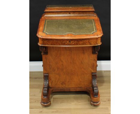 A Victorian burr walnut and marquetry Davenport desk, concave rectangular superstructure with pierced brass three-quarter gal