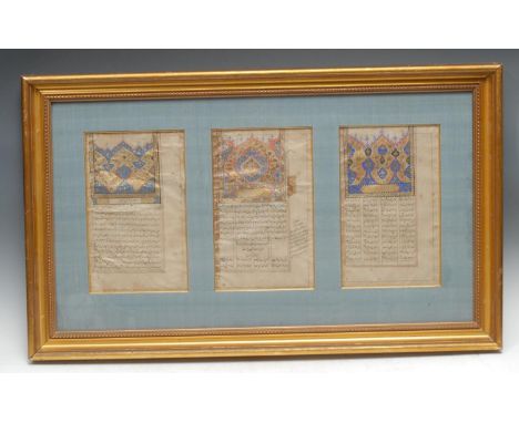 A set of three Indian/Persian calligraphy manuscript leaves, watercolour, ang gouache picked out in gilt, each 27cm x 17cm 