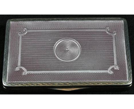 A George V silver and guilloche enamel rectangular snuff box, hinged cover decorated in tones of puce, engine turned base, gi