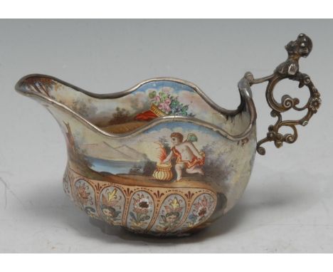 A Baroque enamel low-ewer, probably Austrian, painted throughout with allegorical tableaux from Classical Antiquity, the gadr