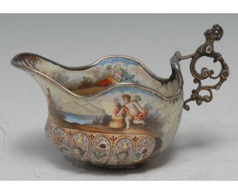 A Baroque enamel low-ewer, probably Austrian, painted throughout with allegorical tableaux from Classical Antiquity, the gadr