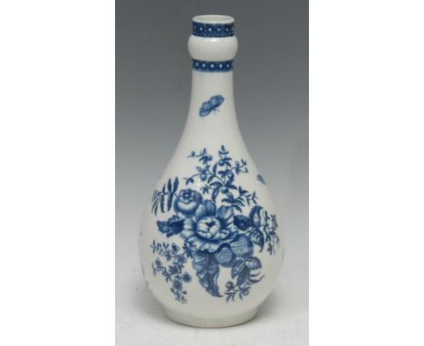 A Worcester Pomegranate pattern water bottle, onion neck,  decorated in blue under glaze with fir cones and flowers, 26cm hig