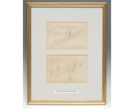 Archibald Thorburn (1860-1935)A Pair, Cattlemonogrammed, pencil sketch, 10.5cm x 15.5cm, framed as one 