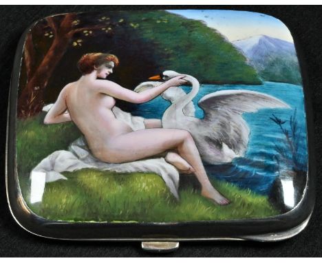 A 'German silver' and enamel rounded rectangular cigarette case, hinged cover decorated in polychrome with Leda and the Swan,