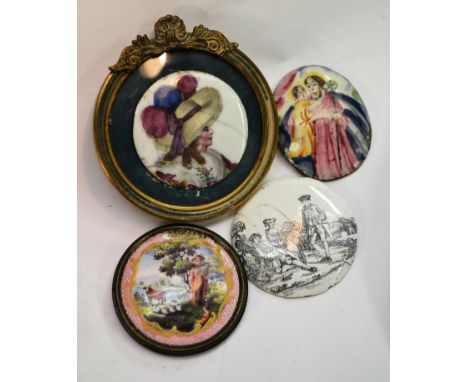 A George III South Staffordshire enamel roundel, decorated with a bust-length profile of a lady of fashion, 4cm diam, framed 