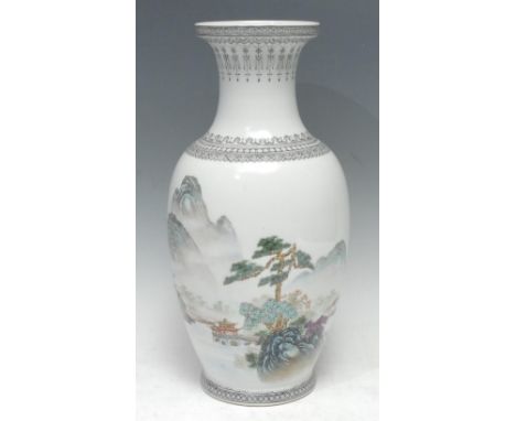 A Chinese Republic ovoid vase, decorated with a continuous landscape and script, in polychrome, 36cm high, seal mark 