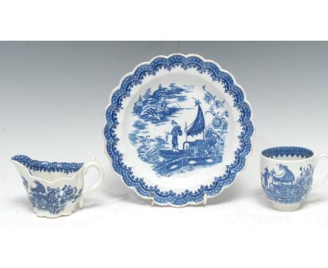 A  Caughley Cormorant pattern scalloped small plate, 17.5cm diam,  impressed Salopian;  a  Caughley low Chelsea ewer, 10cm wi