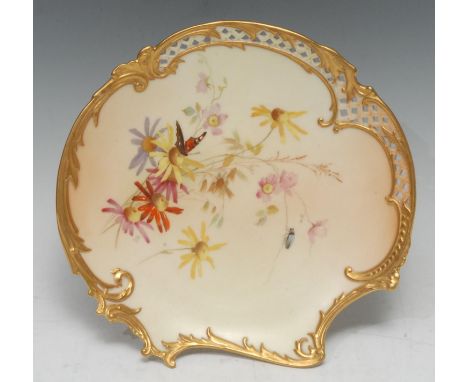 A Royal Worcester  scallop shaped reticulated  dessert plate, painted with flowers and wildlife, 21.5cm wide, printed crown a