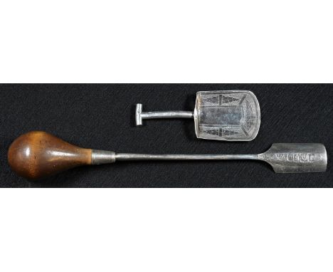 A George III Scottish silver stilton scoop, turned handle, 18.5cm long, James McKay, Edinburgh 1815; a George III silver nove