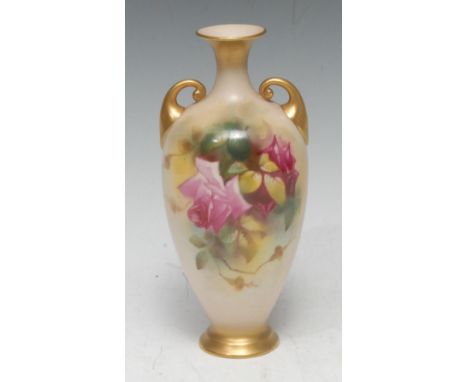 A Royal Worcester two handled vase,  painted by Ethel Spilsbury, signed  with roses, gilt scroll handles, 17.5cm high, printe