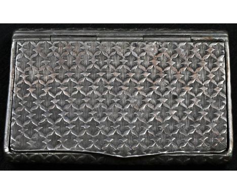 A Portuguese silver curved rounded rectangular snuff box, engine turned with a field of diapers overall, hinged cover, 8cm wi