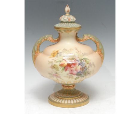 A Royal Worcester two handled pedestal ovoid vase, printed and painted with flowers and foliage, on a blush ivory ground, aca