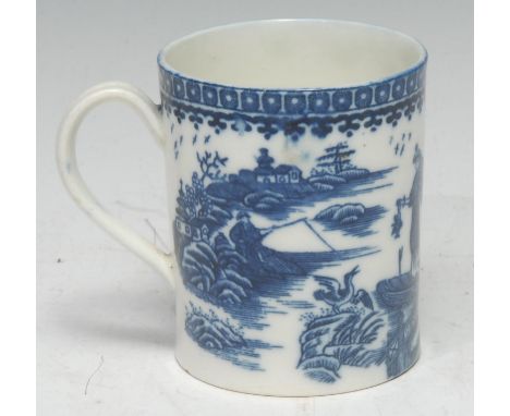 A Caughley Cormorant pattern cylindrical mug,   cell border, 8.5cm high, S+ mark 