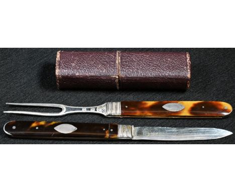 A George III silver and tortoiseshell travelling knife and fork, each folding for the pocket, 14cm long (open), lion passant 