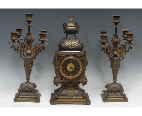A 19th century French Renaissance Revival gilt metal clock garniture, 9cm dial with Roman numerals, twin-winding holes, eight