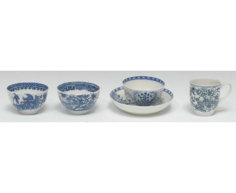 A Caughlty Fence pattern coffee can, printed with fence, flowers and foliage, tramline border, C mark, c.1780;  a similar Cor