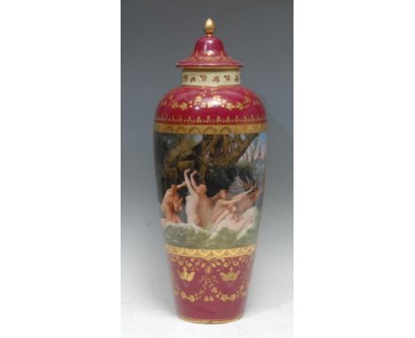 A Vienna tapering cylindrical vase and cover, decorated with a large panel of water nymphs with stag, the verso with oval lan