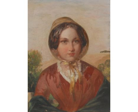 E.R. Breach (second-half, 19th century)Portrait of a Young Lady, half-length, wearing a bonnet and shawl, before a fence and 