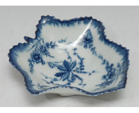 A Worcester pickle leaf dish, decorated in under glaze blue vines and flowers, 8.5cm wide, crescent mark, c.1770 