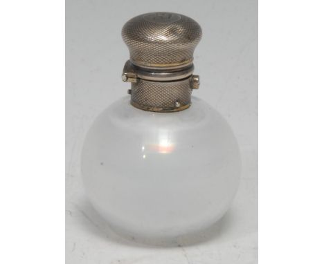 A 19th century Continental lady's opalescent glass globular scent bottle, gilt white metal-mounted, the push-button hinged co