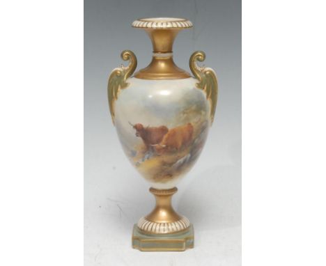 A Royal Worcester two handled vase, painted by  Harry Stinton, signed with highland cattle, gilt neck and base, 18cm high, pr