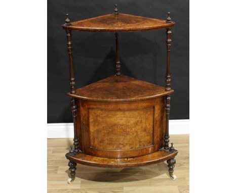 A Victorian burr walnut and marquetry two-tier corner whatnot, the base with a panelled cupboard door, turned and fluted legs