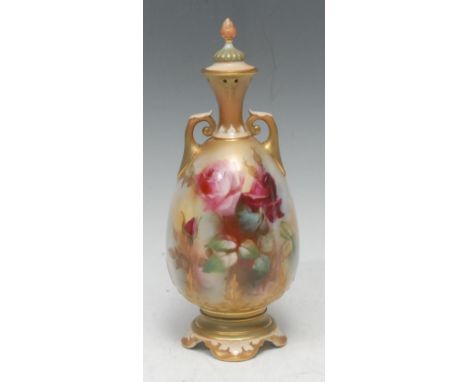 A Royal Worcester James Hadley two handled vase and cover,  painted by M Lander, signed, with red and yellow roses,  on a spo