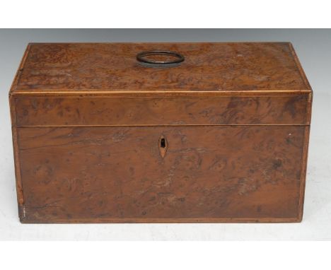 A George III burr walnut rectangular tea caddy, the interior with two lidded compartments and mixing bowl aperture, 31cm wide