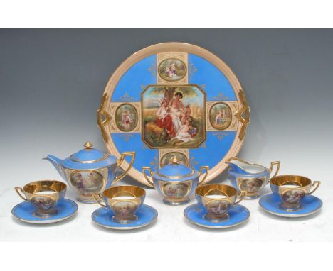 A Vienna cabaret set, comprising teapot, sucrier and cover, milk jug, four pedestal cups and saucers on circular tray, decora