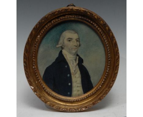 English School, 18th century, portrait miniature, wigged gentleman, wearing a white stock and blue overcoat, watercolour on p