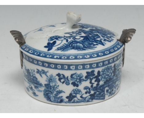 A Worcester silver-mounted Fence pattern circular butter dish and cover, printed in underglaze blue within cell borders, the 