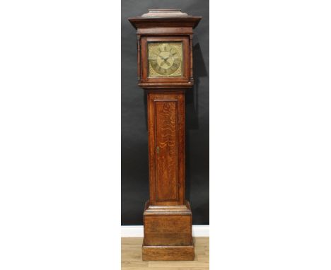 A George II Staffordshire oak longcase clock, square brass dial 11in (27.5cm) dial with Roman and Arabic chapters, cast brass