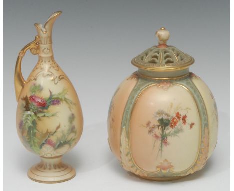 A Royal Worcester  lobed ovoid pot pourri vase, pierced domed cover, printed and painted with thistle and other wild flowers 