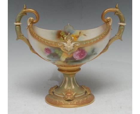 A Royal Worcester two handled pedestal boat shaped vase, painted with red and yellow roses, burnished gilt and green handles 