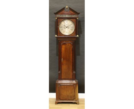 A good decorative and well-proportioned George III Staffordshire long case clock, dark oak and mahogany case with architectur